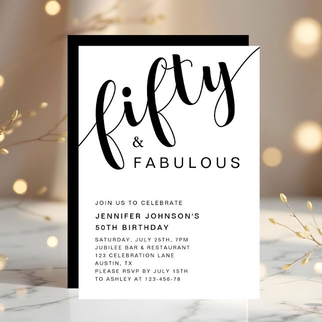 Invitación Moderno 50 y fabuloso 50 cumpleaños (Minimalist Black And White 50th Birthday Invitation)