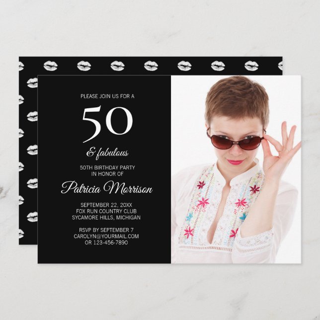 Invitación Moderno 50 y fabuloso cumpleaños de foto negra (Anverso / Reverso)
