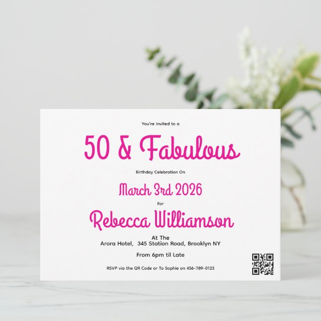 Invitación Moderno 50 y Fabuoso Cumpleaños 50 Rosa (Anverso de pie)