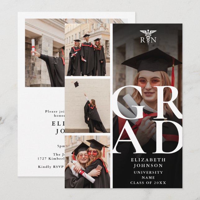 Invitación Moderno 5 Foto RN Partido de Graduación de Enferme (Anverso / Reverso)