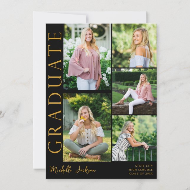 Invitación Moderno 5 Graduación de foto cara - Negro (Anverso)