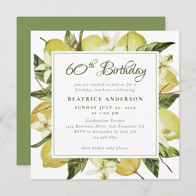 Invitación Moderno 60 cumpleaños acuarela limón botánico (Anverso / Reverso)