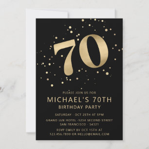 Invitación Moderno 70 cumpleaños negro y dorado