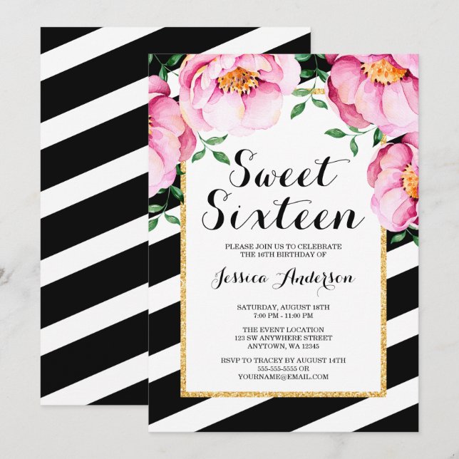 Invitación Moderno acuarela Bandas Florales Dulce 16 (Anverso / Reverso)