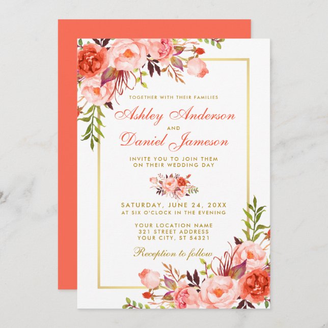 Invitación Moderno acuarela Coral Floral Boda Gold (Anverso / Reverso)