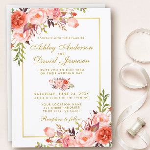 Invitación Moderno acuarela Coral Floral Gold Boda W