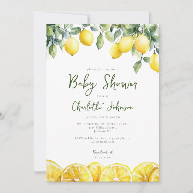 Invitación Moderno acuarela limón cítrico Baby Shower (Anverso)