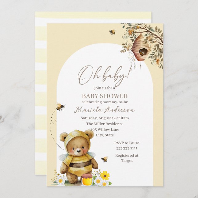 Invitación Moderno acuarela Sweet Bee Baby Shower (Anverso / Reverso)