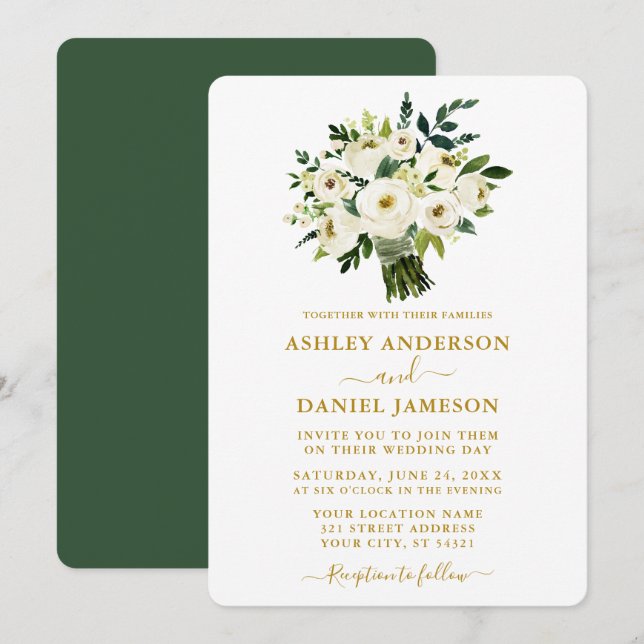 Invitación Moderno acuarela Verde Floral Boda Gold (Anverso / Reverso)