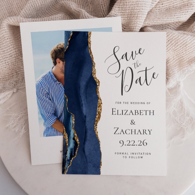 Invitación Moderno Agate Azul Marino Oro Foto Guardar la Fech (Subido por el creador)