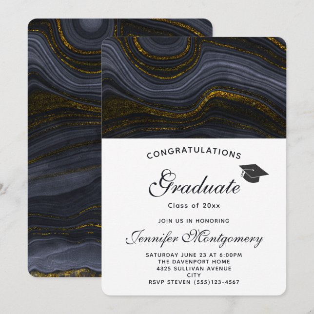 Invitación Moderno Agate negro y oro y tapa de graduación (Anverso / Reverso)