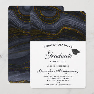 Invitación Moderno Agate negro y oro y tapa de graduación