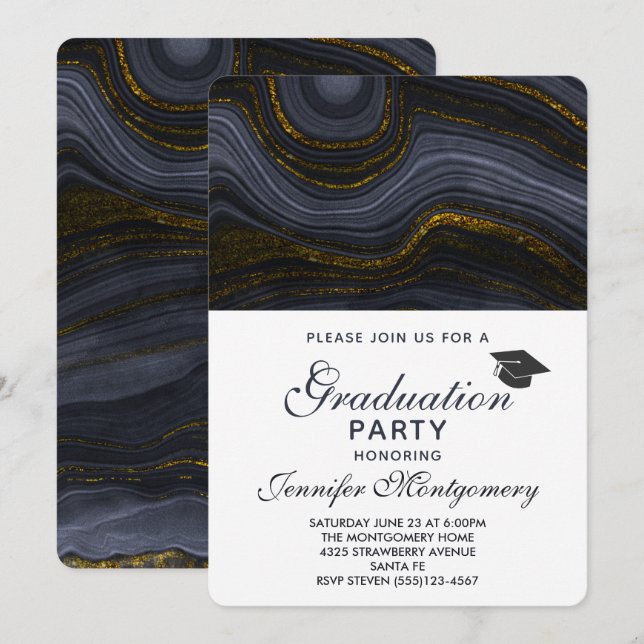 Invitación Moderno Agate negro y oro y tapa de graduación (Anverso / Reverso)