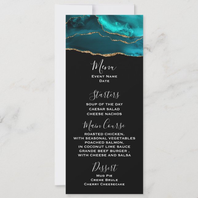 Invitación Moderno Agate Verde azulado y cinta de oro en menú (Anverso)