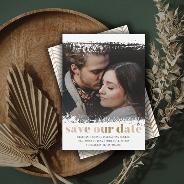 Invitación Moderno Ahorre Nuestra Fotos De Fecha Oro Y Blanco (Subido por el creador)