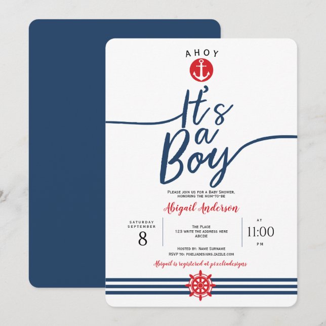 Invitación Moderno, Ahoy, es una ducha de niño, náutica, bebé (Anverso / Reverso)