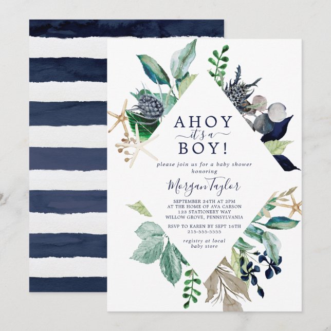 Invitación Moderno Ahoy Náutico es un niño Baby Shower (Anverso / Reverso)