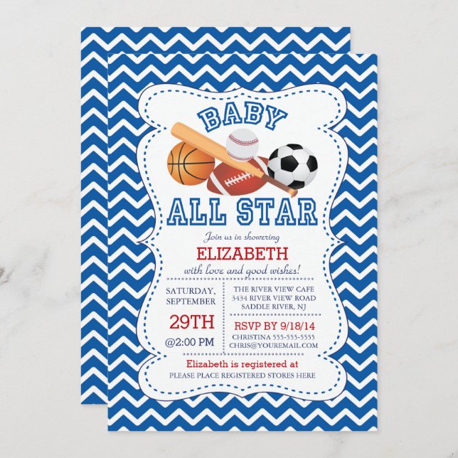Invitación Moderno All Star Sports Boys Baby Shower (Anverso / Reverso)