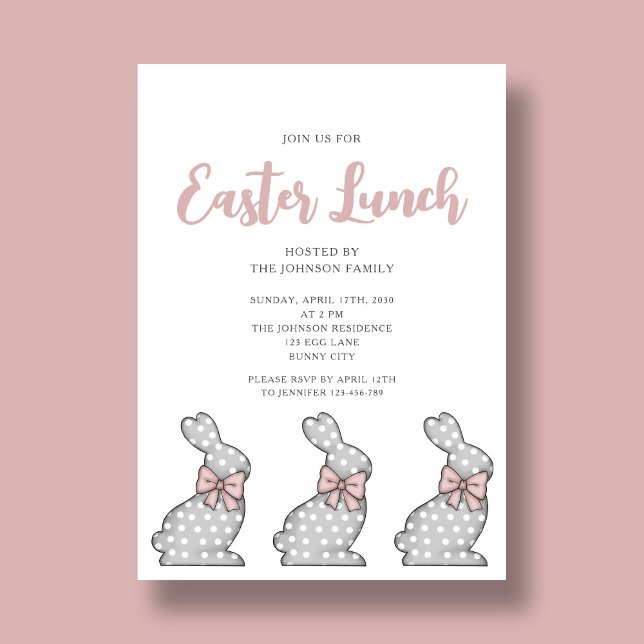 Invitación Moderno almuerzo de Pascua para conejitos rosados (Modern Pink Bunny Easter Lunch Invitation)