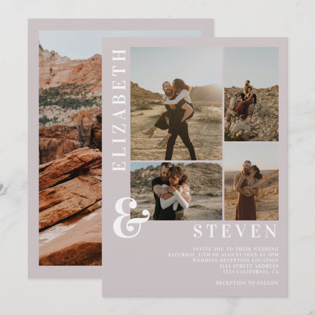 Invitación Moderno ampersa gris lila y 5 boda de cuadrícula f (Anverso / Reverso)