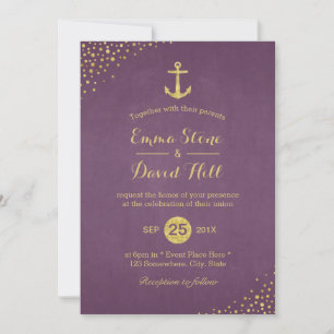 Invitación Moderno Ancla de Oro Boda Náutico Púrpura