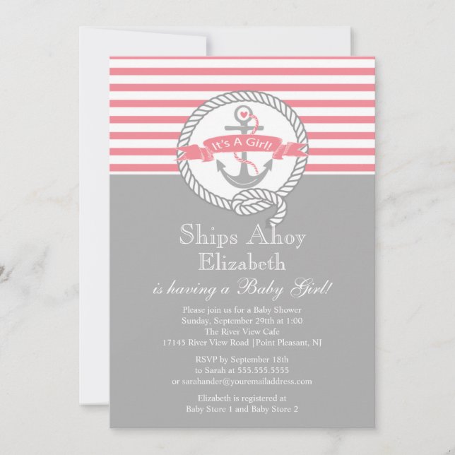 Invitación Moderno Ancla Nautical Chica Baby Shower (Anverso)