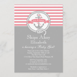 Invitación Moderno Ancla Nautical Chica Baby Shower