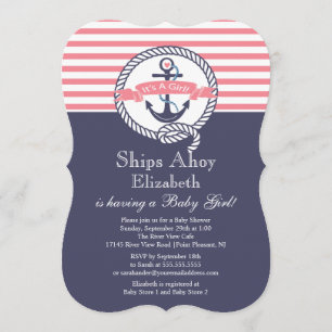 Invitación Moderno Ancla Nautical Chica Baby Shower