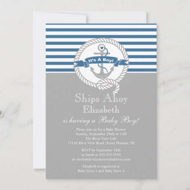Invitación Moderno Ancla Nautical Sailboat Boy Baby Shower (Anverso)