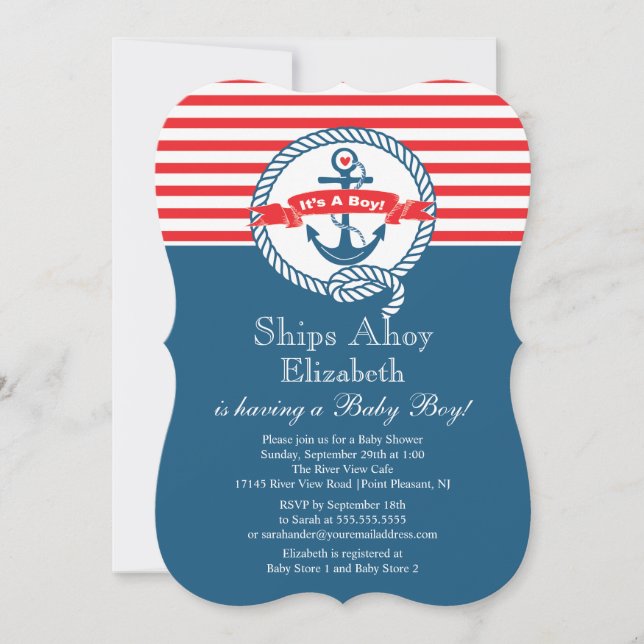 Invitación Moderno Ancla Nautical Sailboat Boy Baby Shower (Anverso)