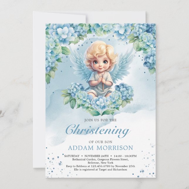 Invitación Moderno ángel de niño azul claro pastel hidrangea (Anverso)