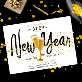 Invitación Moderno Año Nuevo Elegante Champagne Gold Confetti