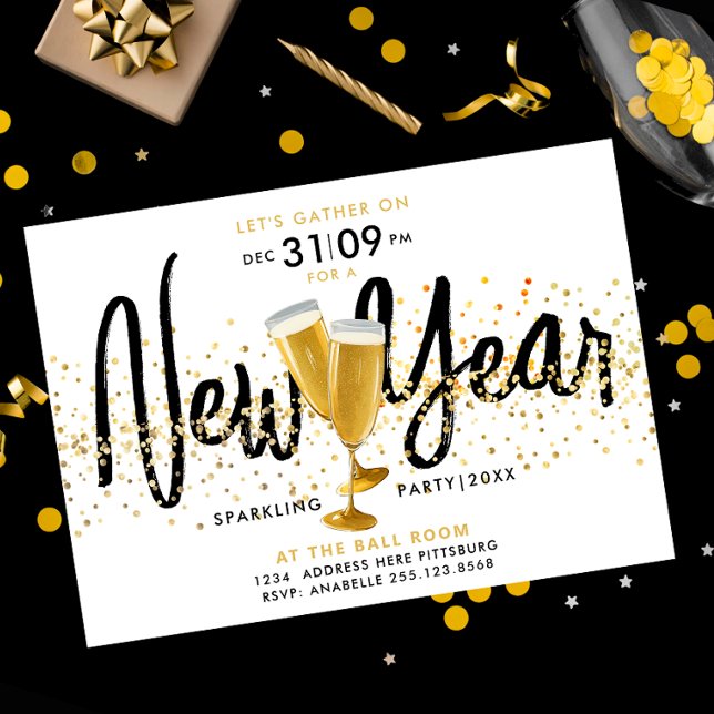 Invitación Moderno Año Nuevo Elegante Champagne Gold Confetti (Subido por el creador)