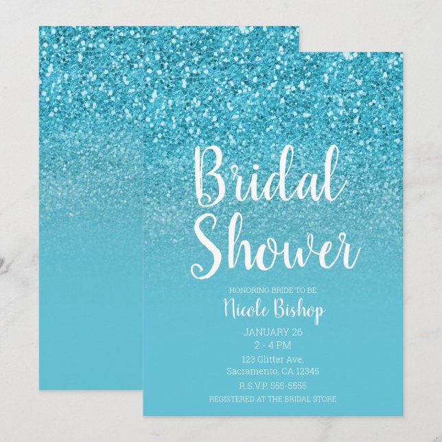 Invitación Moderno Aqua Blue Glam Purpurina Bridal Shower (Anverso / Reverso)