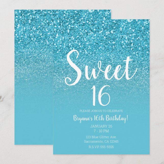 Invitación Moderno Aqua Blue Glam Purpurina Sweet 16 (Anverso / Reverso)