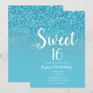 Invitación Moderno Aqua Blue Glam Purpurina Sweet 16
