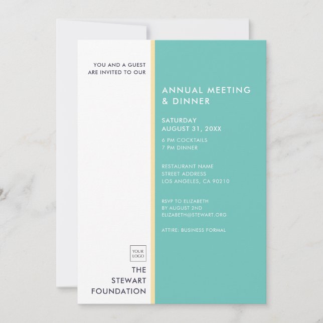 Invitación Moderno Aqua Minimalista y Gold Business Dinner (Anverso)