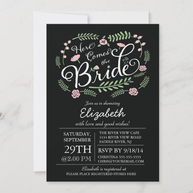 Invitación Moderno aquí viene el rosa de la novia floral (Anverso)