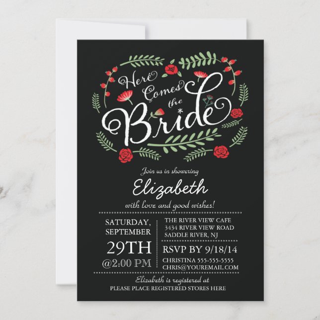 Invitación Moderno aquí viene la novia roja floral (Anverso)