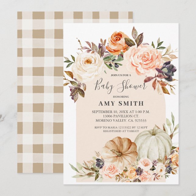 Invitación Moderno Arch Boho Floral Pumpkin Baby Shower  (Anverso / Reverso)