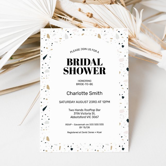 Invitación Moderno Arch Light Terrazzo Bridal Shower (Light colored terrazzo bridal shower invitation featuring an off white arch and black text.)