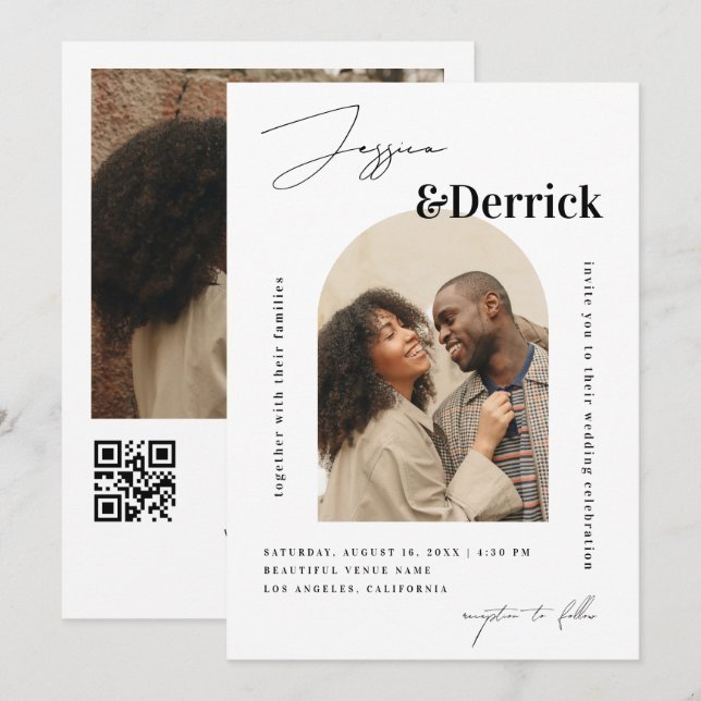 Invitación Moderno Arco Blanco 2 Fotos Boda de código QR míni (Anverso / Reverso)