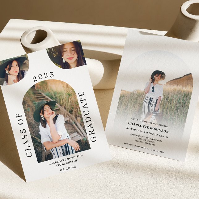 Invitación Moderno arco boho blanco negro 4 foto graduación (Subido por el creador)