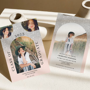 Invitación Moderno arco boho rosa plata 4 foto graduación