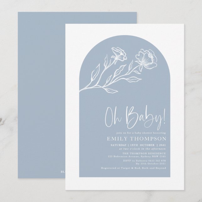 Invitación Moderno Arco Botánico Azul Dusty Baby Shower (Anverso / Reverso)