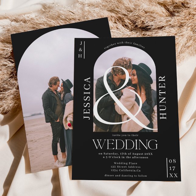 Invitación Moderno arco de boho 2 fotos boda negro (Subido por el creador)