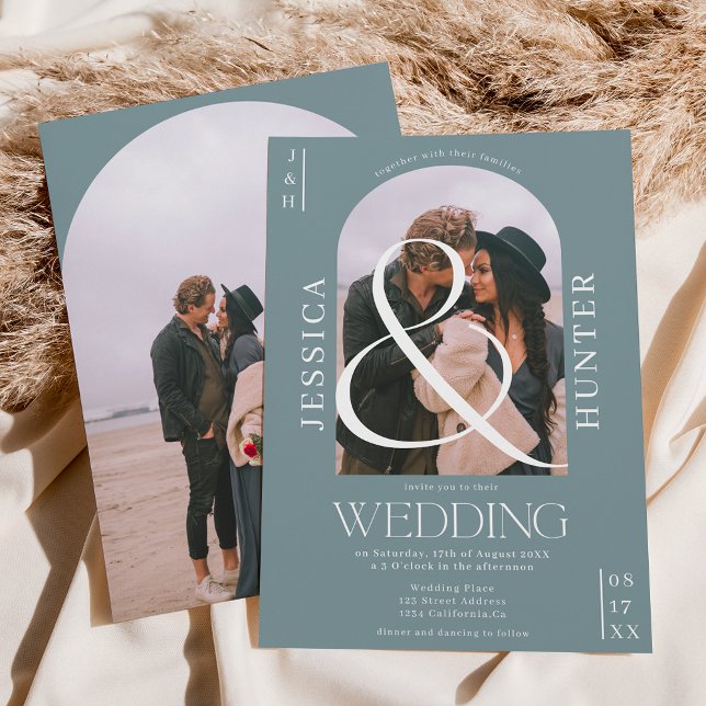 Invitación Moderno arco de boho 2 fotos boda polvoriento azul (Subido por el creador)