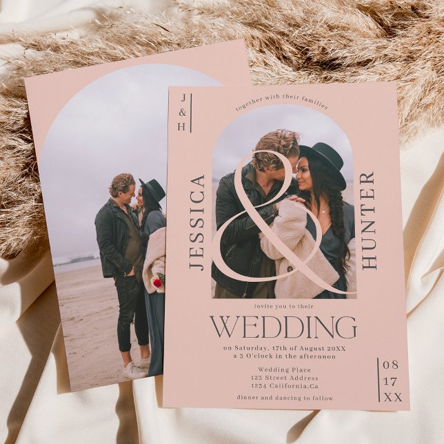 Invitación Moderno arco de boho 2 fotos boda rosa pálido (Subido por el creador)
