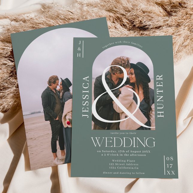 Invitación Moderno arco de boho 2 fotos boda sage green (Subido por el creador)