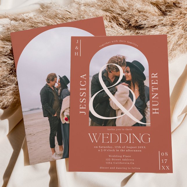 Invitación Moderno arco de boho 2 fotos boda terracota (Subido por el creador)